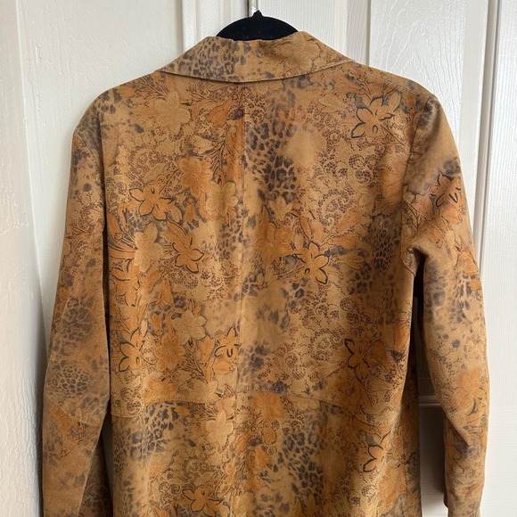 Coldwater Creek Vintage 100% Leather Floral Leopard Print Trench Coat Jacket L